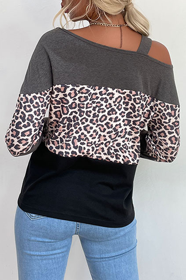 Casual Leopard Hollowed Out Split Joint Oblique Collar Tops Florcoo