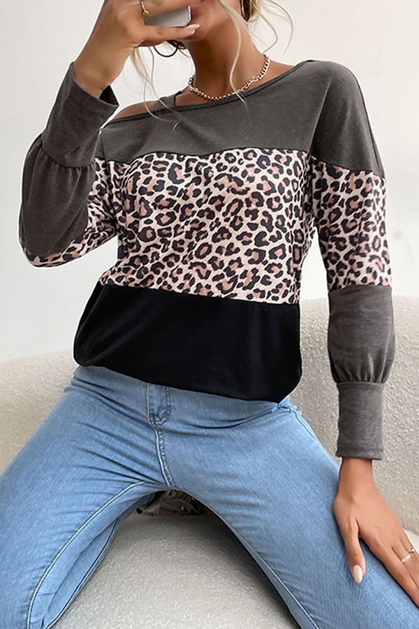 Casual Leopard Hollowed Out Split Joint Oblique Collar Tops Florcoo