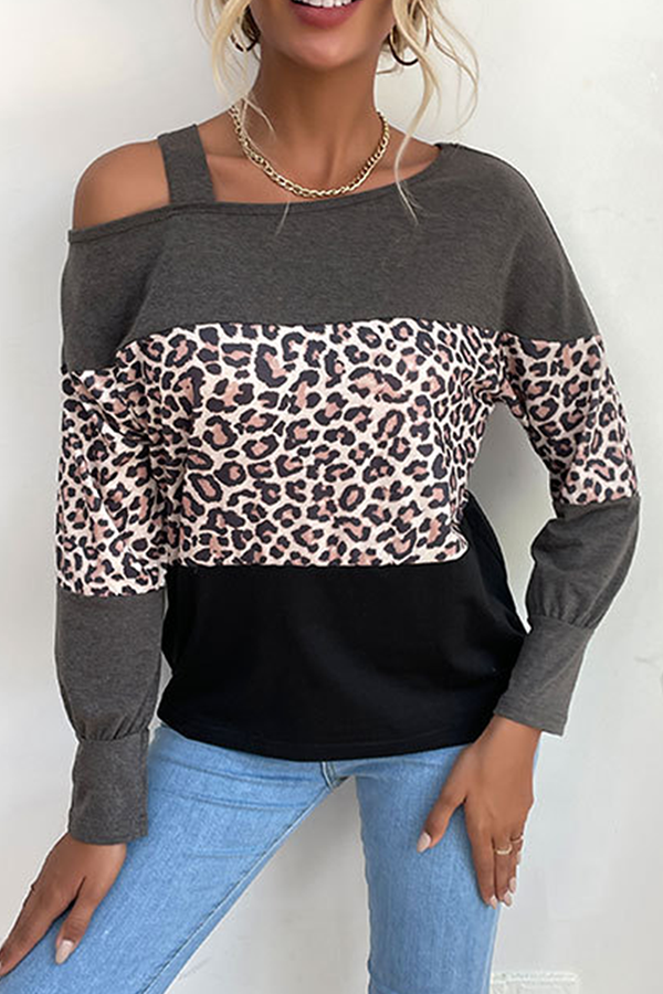 Casual Leopard Hollowed Out Split Joint Oblique Collar Tops Florcoo