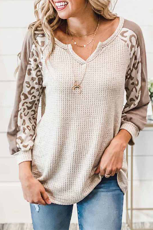 Casual Leopard Split Joint V Neck Tops Florcoo