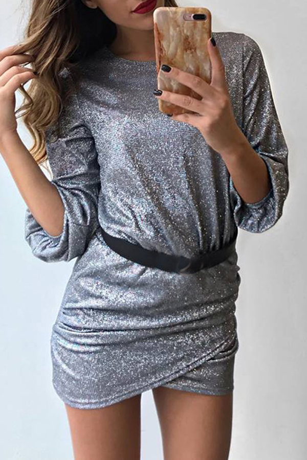 Solid Sequined Asymmetrical O Neck Pencil Skirt Dresses Ins Street