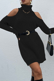 Casual Elegant Solid Hollowed Out Split Joint Turtleneck Dresses Sweater (Without Belt) Florcoo