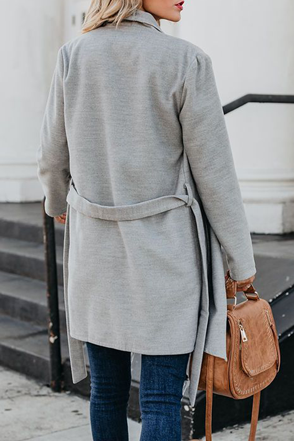 Solid Pocket With Belt Turndown Collar Outerwear Ins Street