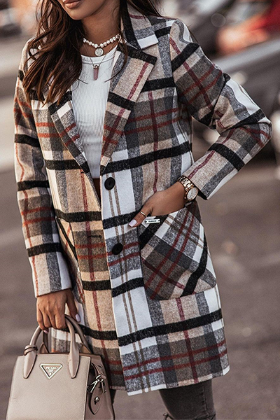 Casual Elegant Plaid Pocket Buckle Turn-back Collar Outerwear Florcoo