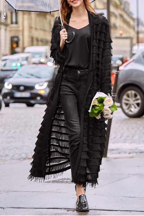 Solid Tassel With Belt V Neck Outerwear Ins Street