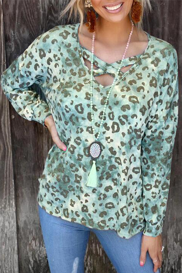 Casual Leopard Hollowed Out Split Joint V Neck Tops(3 colors) Florcoo