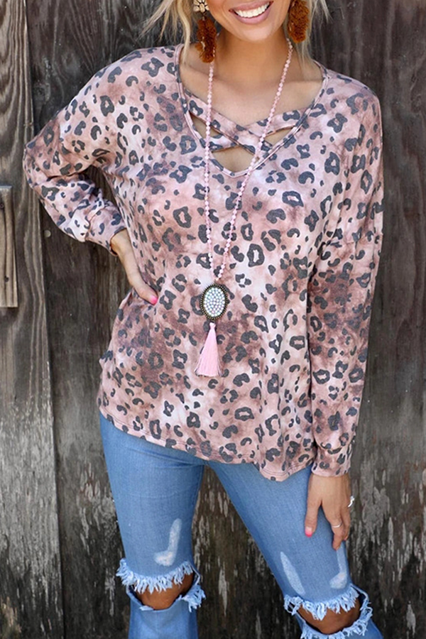 Casual Leopard Hollowed Out Split Joint V Neck Tops(3 colors) Florcoo