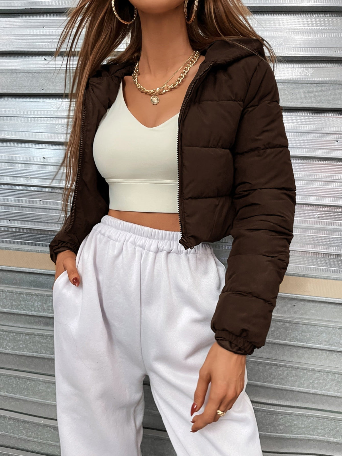 Zip Up Hooded Crop Puffer Coat Ins street