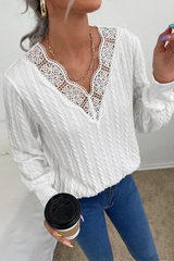 Casual Elegant Solid Lace Split Joint V Neck Tops Sweater Florcoo