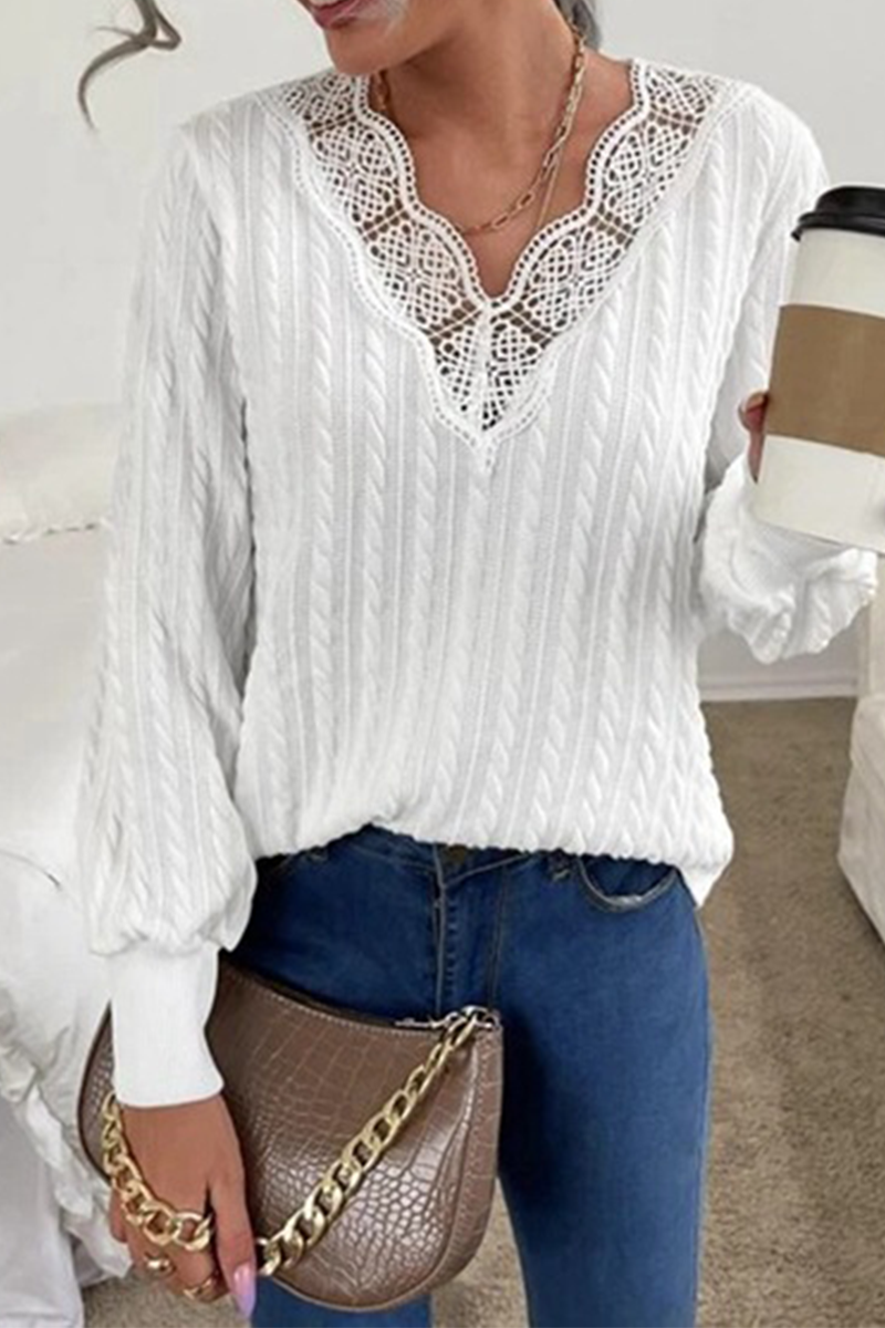 Casual Elegant Solid Lace Split Joint V Neck Tops Sweater Florcoo