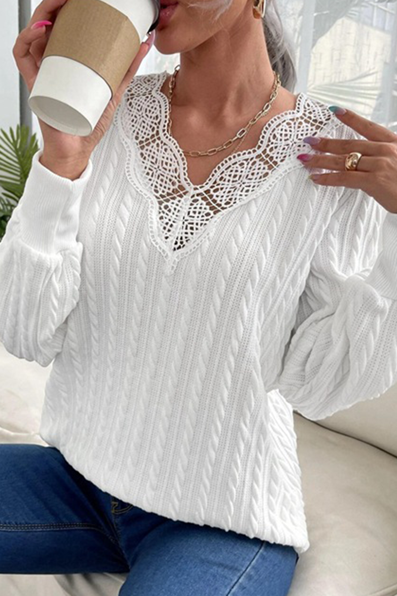 Casual Elegant Solid Lace Split Joint V Neck Tops Sweater Florcoo