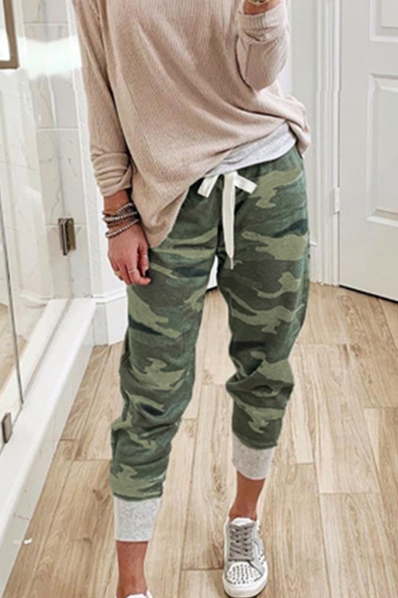 Casual Camouflage Print Draw String Capris Patchwork Bottoms Florcoo