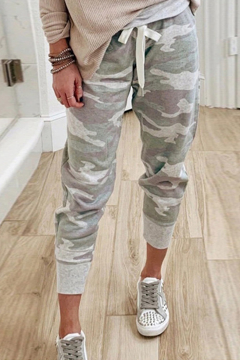 Casual Camouflage Print Draw String Capris Patchwork Bottoms Florcoo