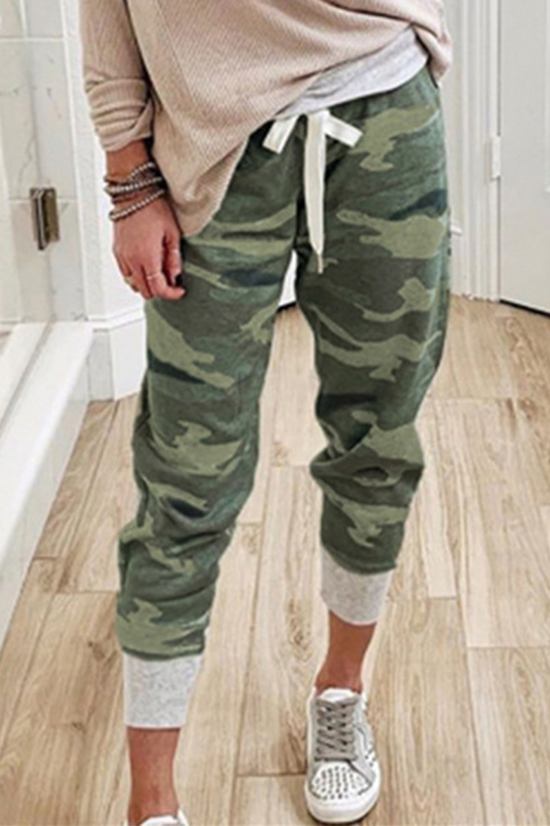 Casual Camouflage Print Draw String Capris Patchwork Bottoms Florcoo