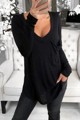 Solid Split Joint Pocket V Neck Tops Ins Street