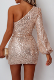 Elegant Solid Sequins With Belt Oblique Collar Evening Dress Dresses Ins Street