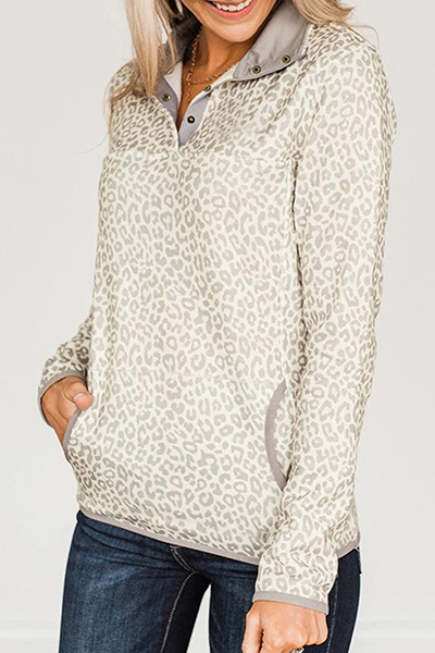 Casual Leopard Pocket Buckle Tops Florcoo