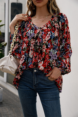 Casual Floral Split Joint Fold V Neck Tops Ins Street