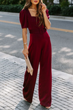 Elegant Solid Fold With Belt Square Collar Jumpsuits Ins Street