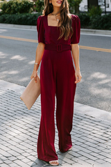Elegant Solid Fold With Belt Square Collar Jumpsuits Ins Street