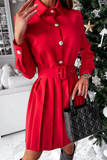 Elegant Solid Buckle With Belt Turndown Collar Pleated Dresses Ins Street