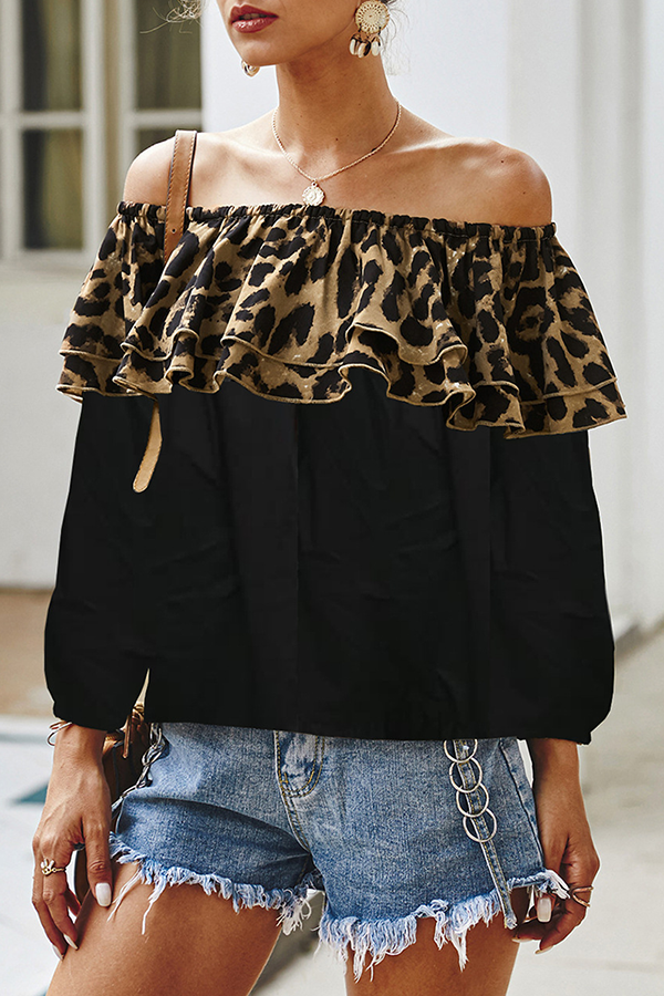 Casual Leopard Split Joint Flounce Off the Shoulder Tops Ins Street