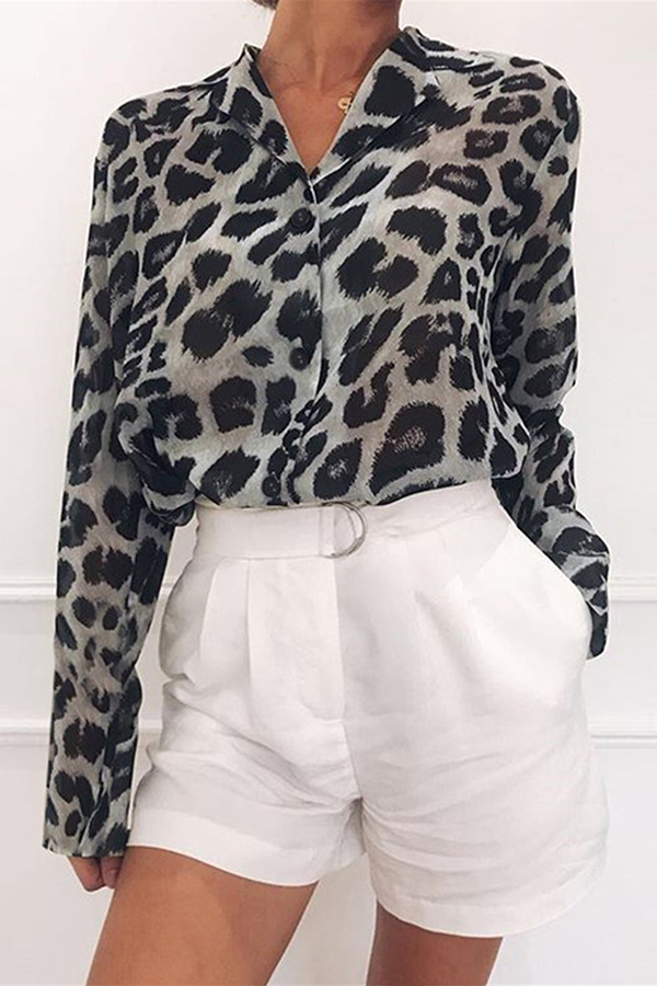 Casual Leopard Buckle Turndown Collar Tops(4 colors) Ins Street