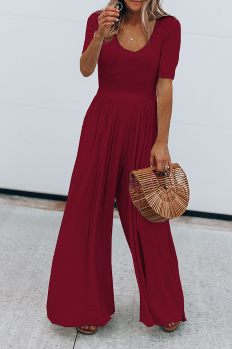 Solid Split Joint Basic U Neck Jumpsuits Ins Street