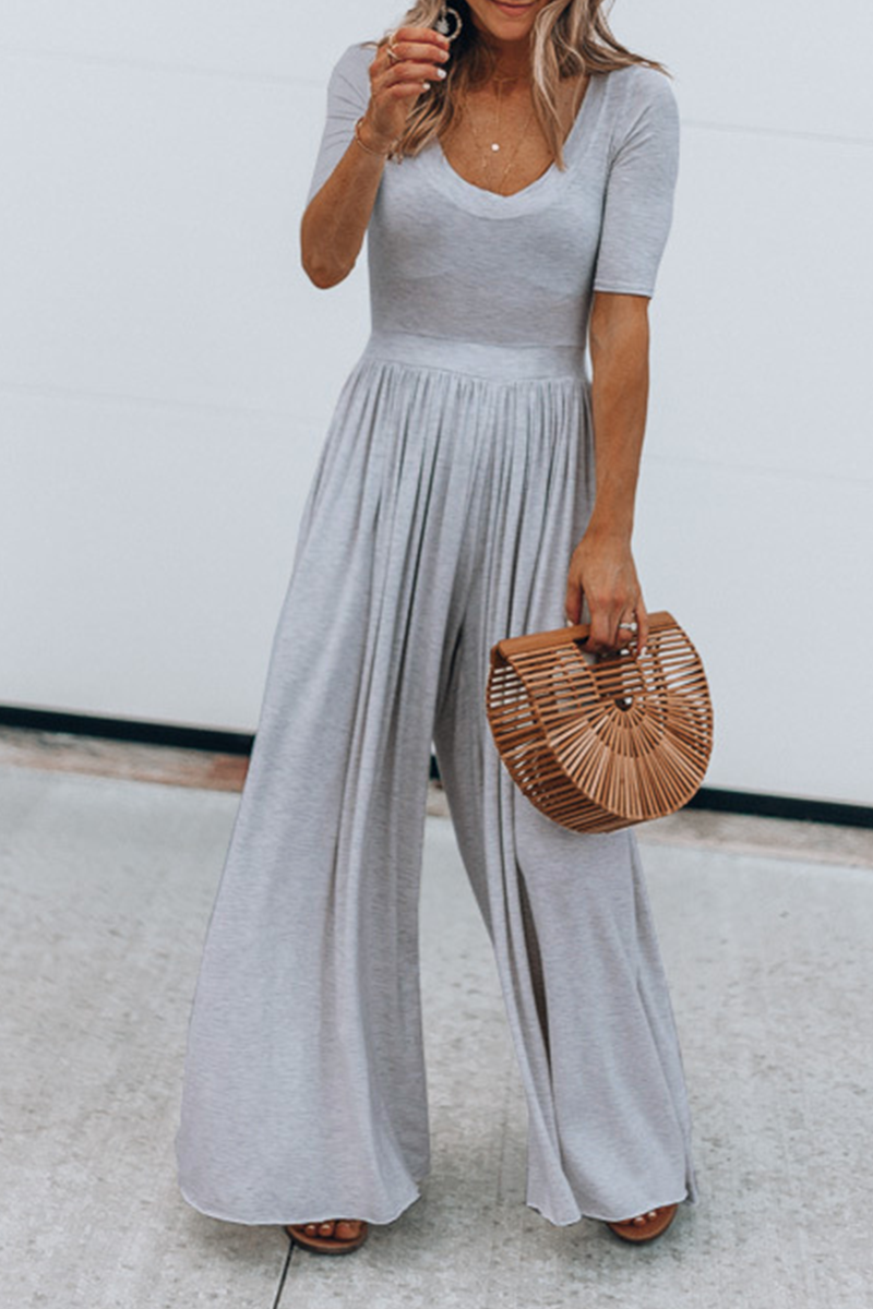 Solid Split Joint Basic U Neck Jumpsuits Ins Street