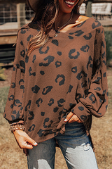 Casual Leopard Split Joint V Neck Tops Florcoo