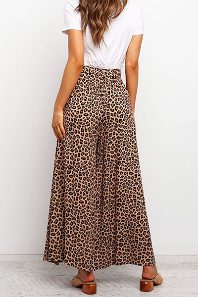 Casual Leopard Capris Straight High Waist Wide Leg Full Print Bottoms Florcoo