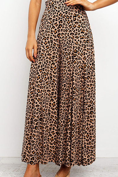 Casual Leopard Capris Straight High Waist Wide Leg Full Print Bottoms Florcoo