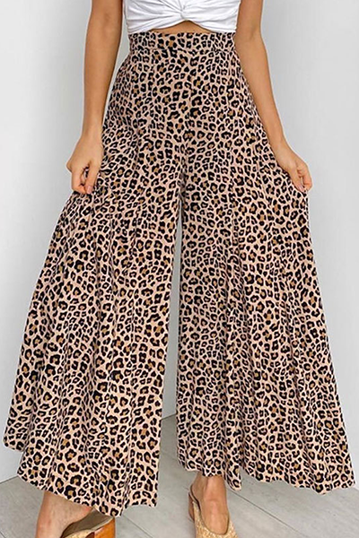 Casual Leopard Capris Straight High Waist Wide Leg Full Print Bottoms Florcoo