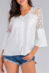 Casual Elegant Solid Lace Ripped Buckle O Neck Tops Florcoo