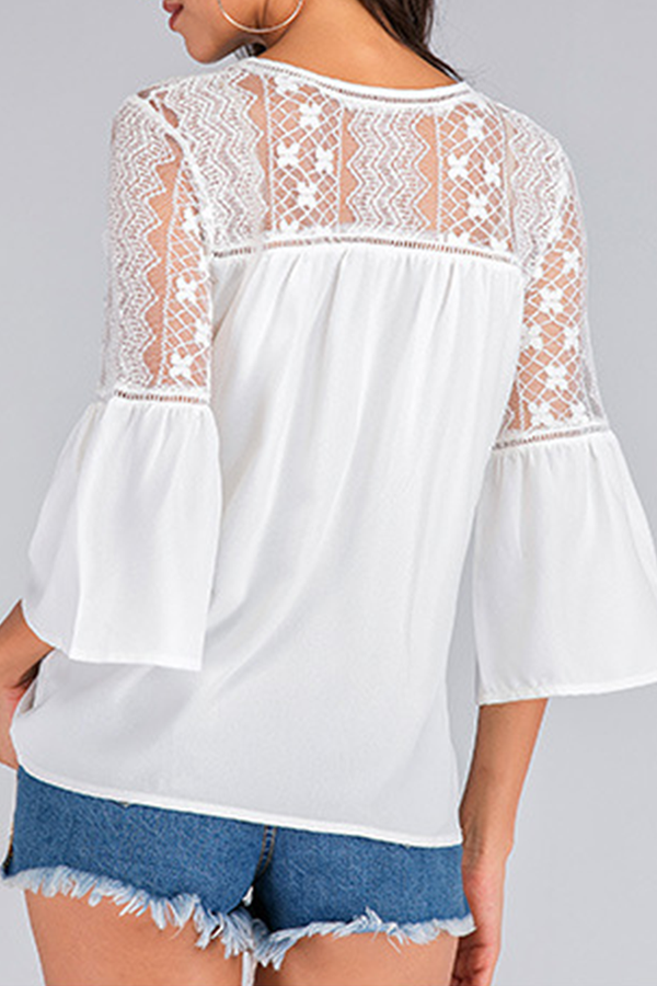 Casual Elegant Solid Lace Ripped Buckle O Neck Tops Florcoo