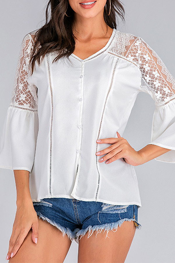 Casual Elegant Solid Lace Ripped Buckle O Neck Tops Florcoo