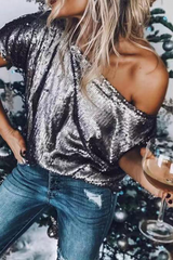 Solid Sequins One Shoulder T-Shirts Ins Street