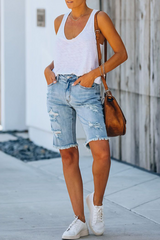 Solid Ripped High Waist Straight Denim Shorts Ins Street