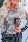 Casual Camouflage Print Split Joint O Neck Tops Florcoo