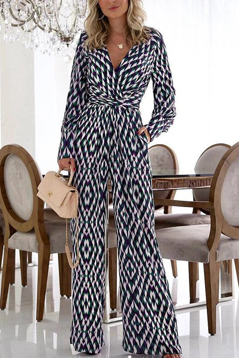 Print Split Joint V Neck Boot Cut Jumpsuits Ins Street