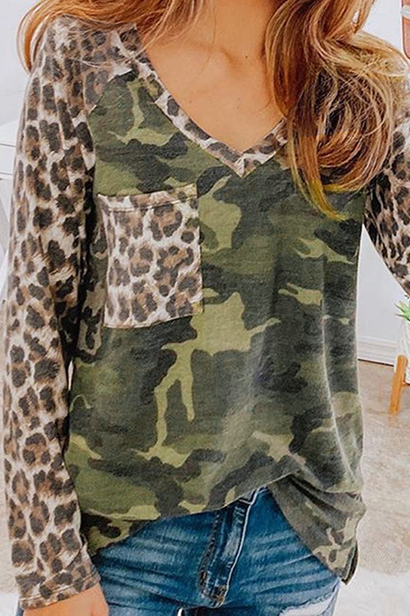 Casual Leopard Camouflage Print Split Joint Pocket V Neck Tops Florcoo