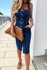 Solid Buckle Square Collar Sleeveless Skinny Denim Dresses Ins Street