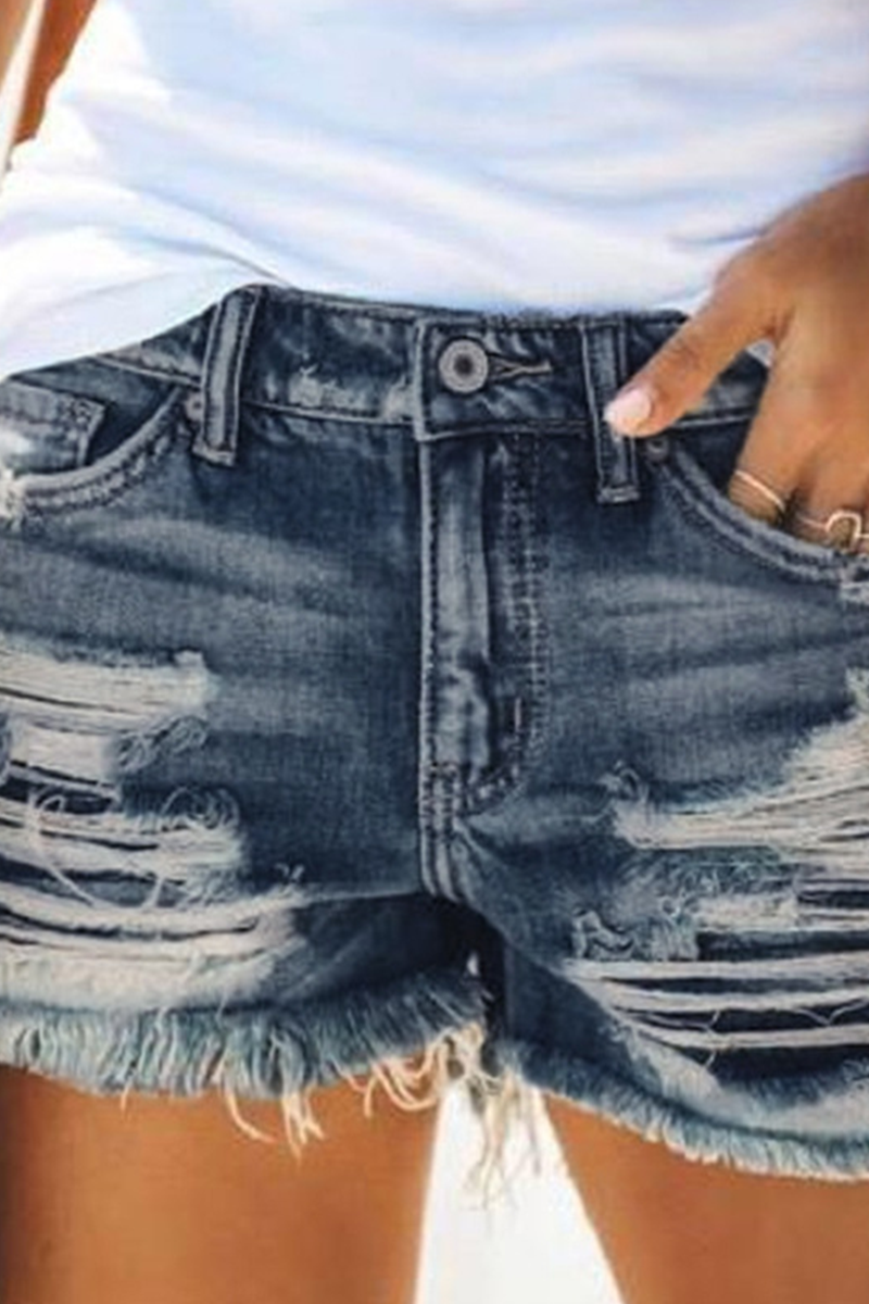 Solid Ripped Mid Waist Straight Denim Shorts Ins Street