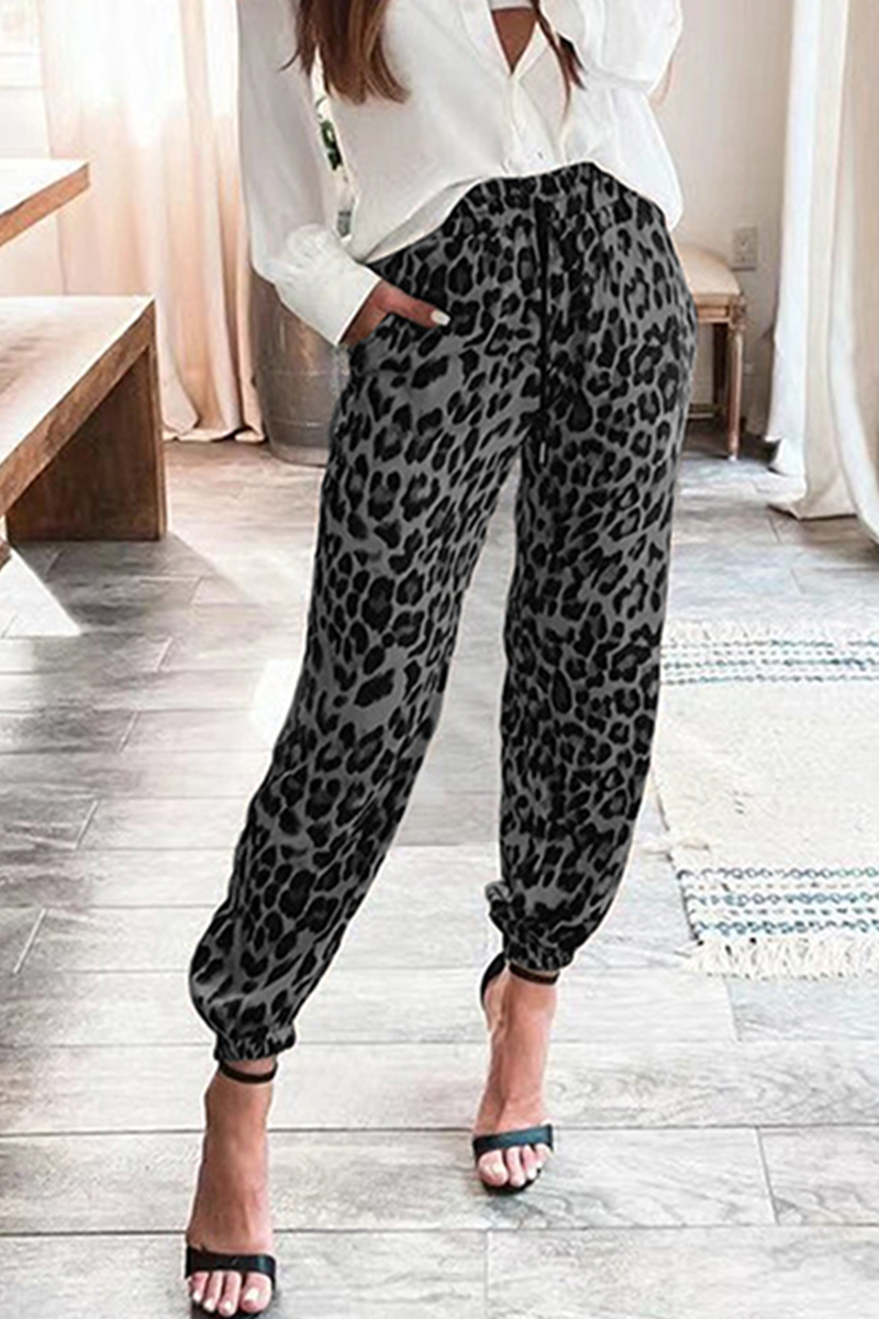 Casual Leopard Draw String Pocket Mid Waist Full Print Bottoms Florcoo