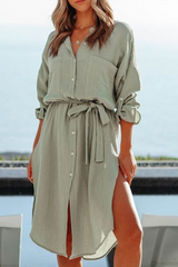 Solid Split Joint Turndown Collar Shirt Dresses Ins Street