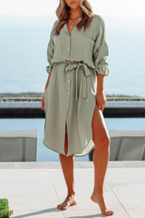 Solid Split Joint Turndown Collar Shirt Dresses Ins Street