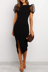 Solid Mesh O Neck Pencil Skirt Dresses Ins Street