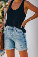 Solid Split Joint Mid Waist Straight Denim Shorts Ins Street