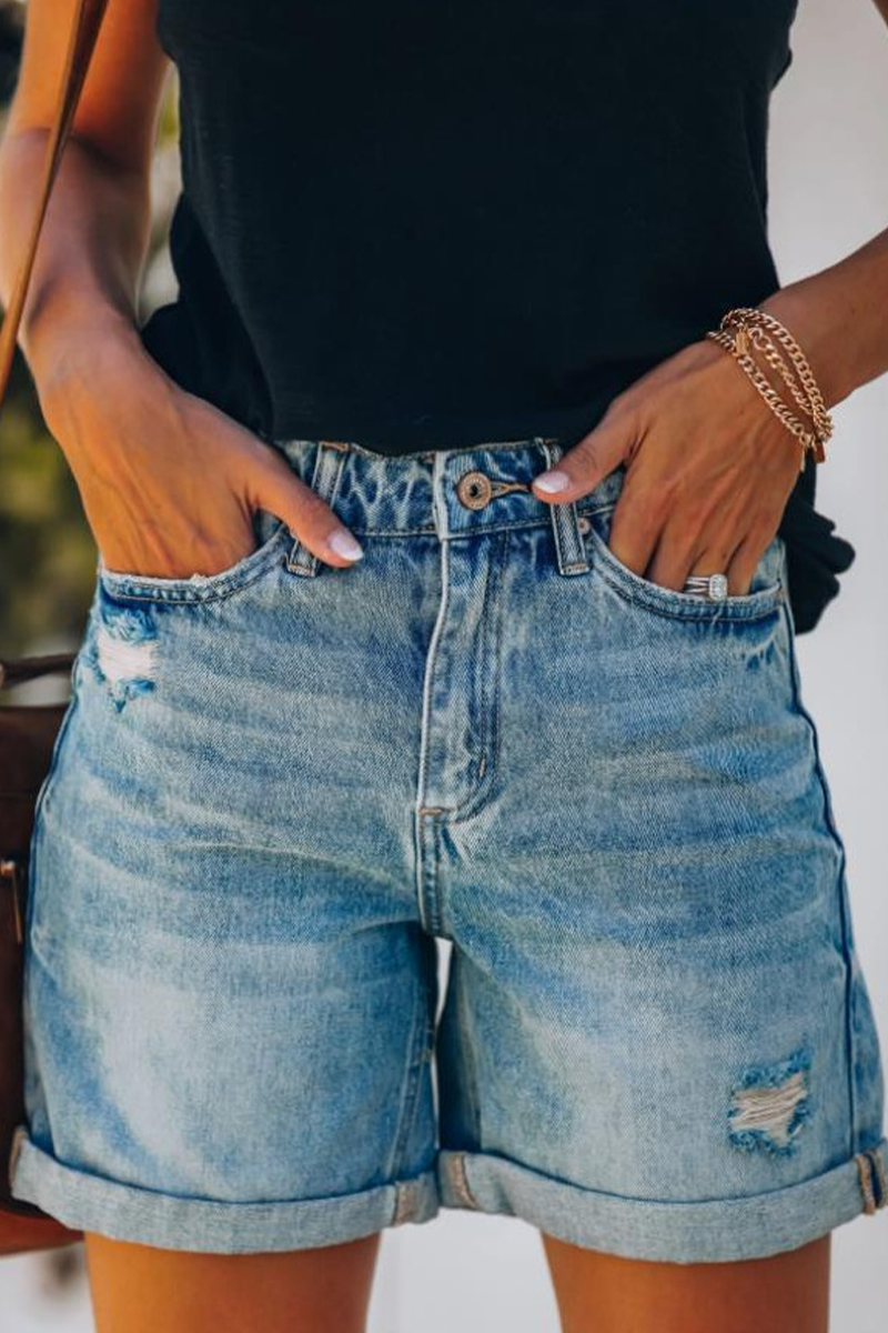 Solid Split Joint Mid Waist Straight Denim Shorts Ins Street