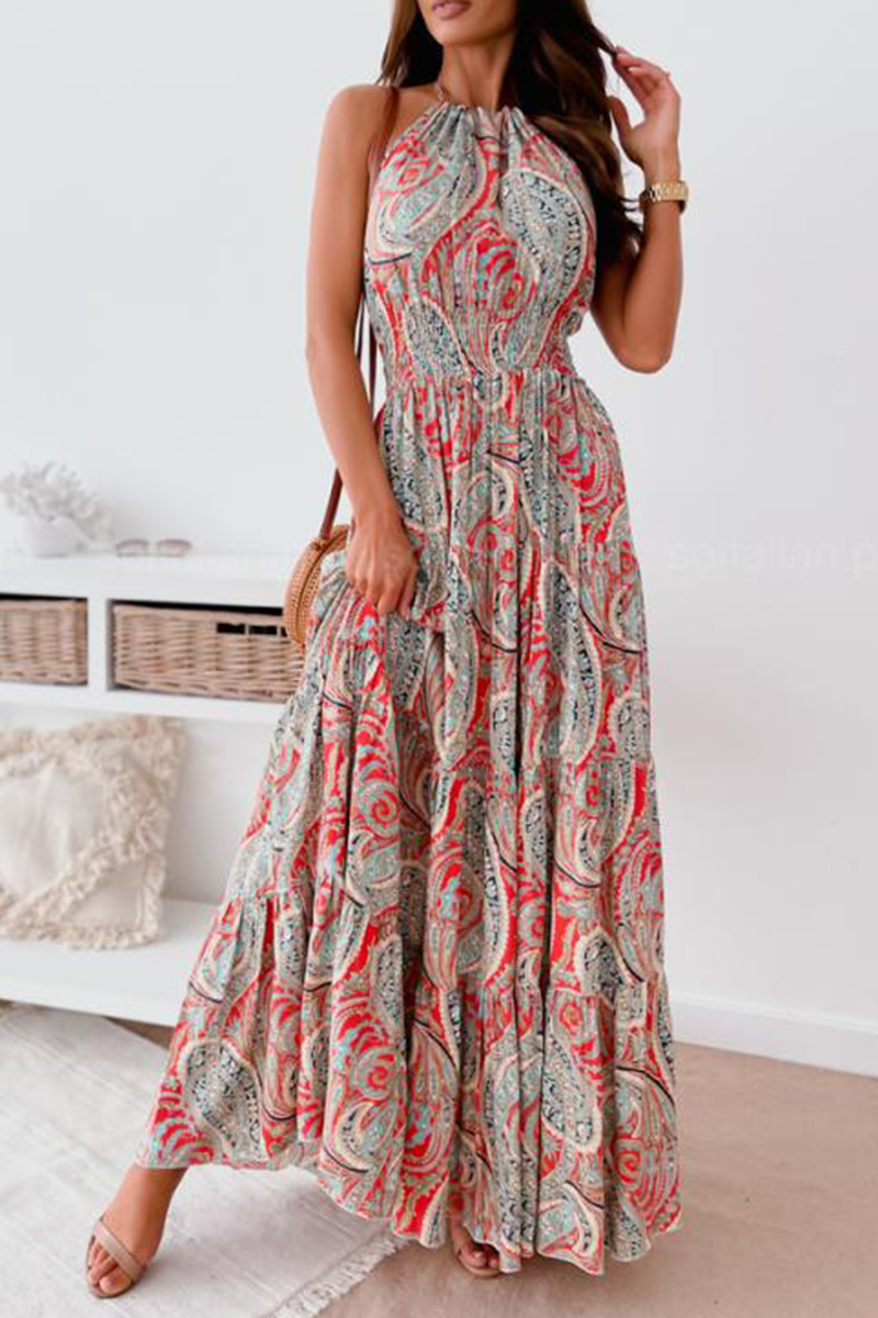 Print Split Joint Halter Waist Skirt Dresses Ins Street